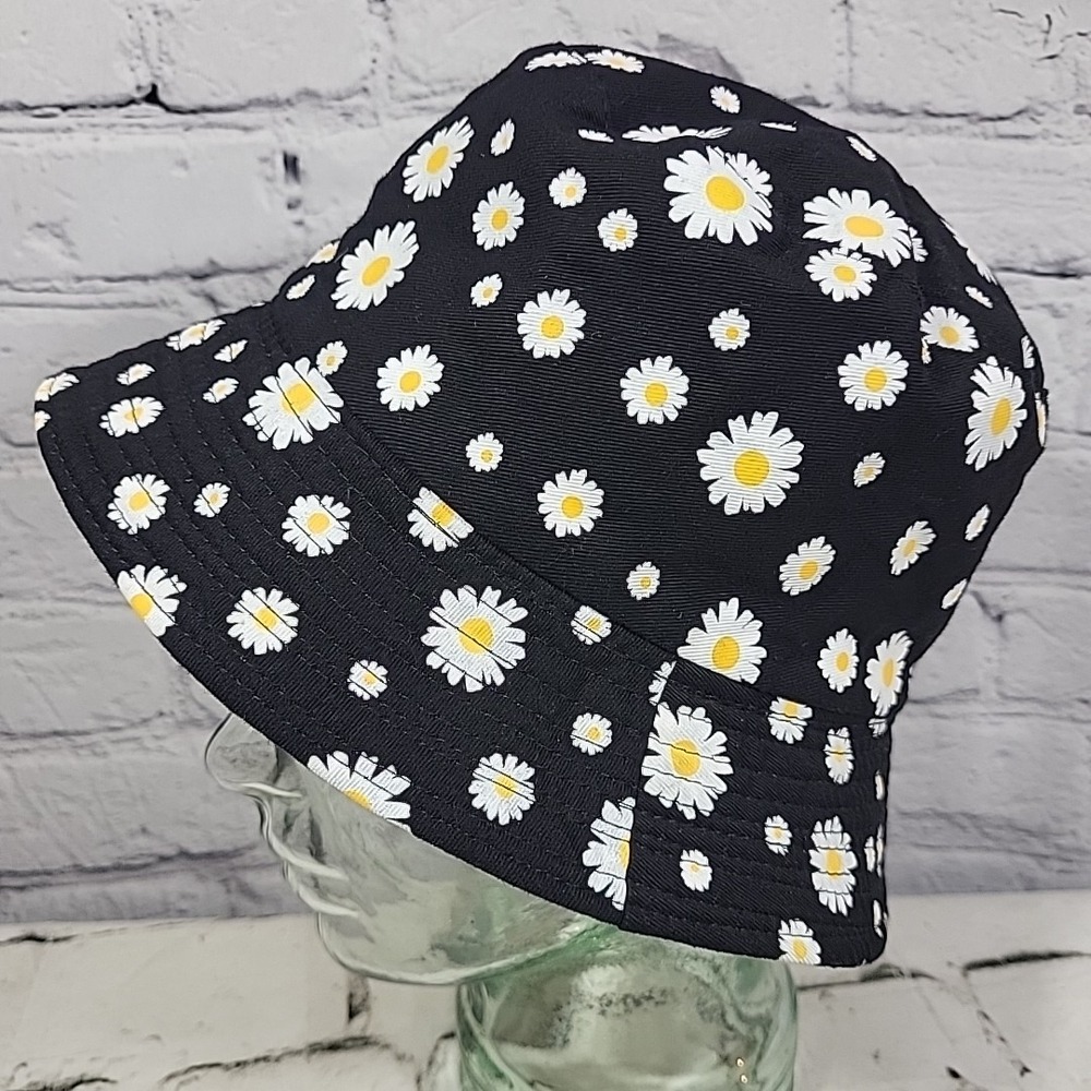 Retro Y2K Bucket Hat Womens OS Black Yellow Reversible Daisy‎ Print Sun Cap - Picture 2 of 11